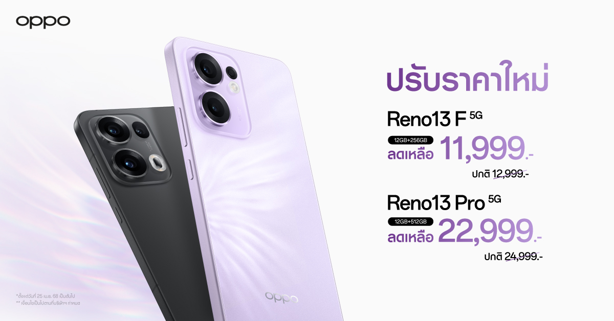 สายถ่ายรูปห้ามพลาด! OPPO Reno13 F 5G และ OPPO Reno13 Pro 5G สมาร์ตโฟนนำทุกเทรนด์ด้วย OPPO AI มาในราคาใหม่สุดคุ้มค่า เริ่มต้นเพียง 11,999 บาท เท่านั้น